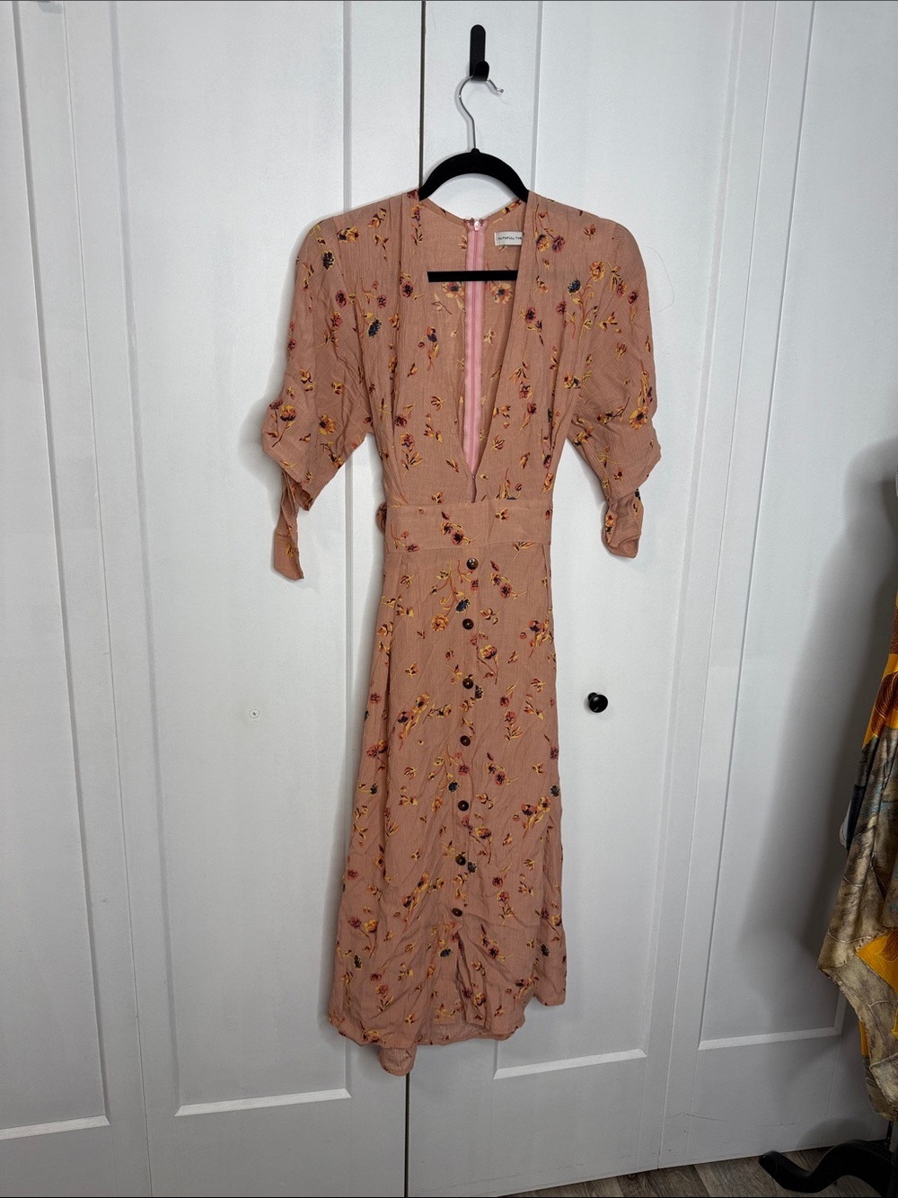 Faithfull the Brand Dusty Pink Floral Midi Dress with Puff Sleeves